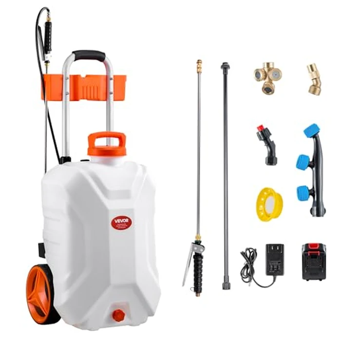 VEVOR Battery-Powered Sprayer with Wheeled Cart, 10 Gallons Electric Weed Sprayer, Adjustable 0-80 PSI, Yard Lawn Sprayers with Wheels, 5 Nozzles & 98ft Hose, 3-6H Spray Time, for Weeding, Cleaning by VEVOR - Image 1