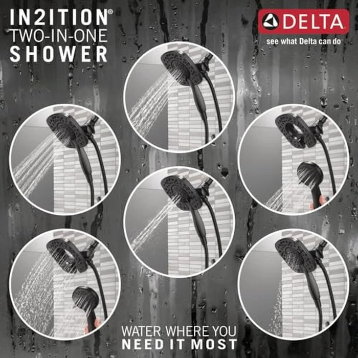 Delta Faucet Ashlyn 17 Series Dual-Function Shower Trim Kit with 2-Spray Touch-Clean In2ition 2-in-1 Hand Held Shower Head with Hose, Matte Black T17264-BL-I (Valve Not Included) by DELTA - Image 2
