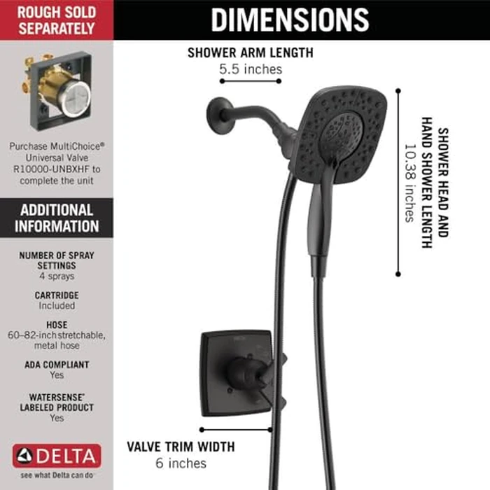 Delta Faucet Ashlyn 17 Series Dual-Function Shower Trim Kit with 2-Spray Touch-Clean In2ition 2-in-1 Hand Held Shower Head with Hose, Matte Black T17264-BL-I (Valve Not Included) by DELTA - Image 3