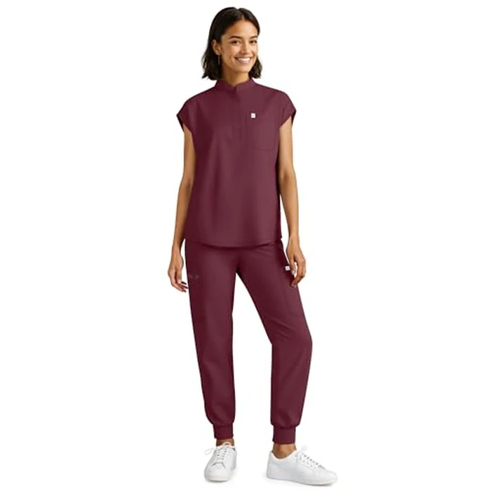 Eadflie Scrubs for Women Set - Stretch Medical Uniform Scrubs - Slim Fit Top & Cargo Pant Scrubs Set with 11 Pockets for Nurse Esthetician Workwear - (Burgundy/L) by Eadflie - Image 2