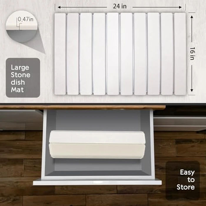 Large Stone Dish Drying Mat for Kitchen Counter, 24"(L)x16"(W) Fast Dry Super Absorbent Collapsible Dish Drying Mats, Eco-Friendly Diatomaceous Earth Mats for Dishes Bottles Cups,Match Any Countertop by FADSKKJ - Image 5