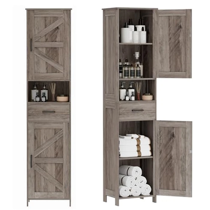 Homhedy 67" H Tall Bathroom Storage Cabinet with 2 Barn Doors and 1 Drawer，Narrow Storage Unit, Adjustable Shelves，Floor Cabinet for Bathroom, Living Room, Entryway (Greige, 11.8"D x 15.7"W x 66.9"H) by Homhedy - Used - Very Good condition - CA$130.19