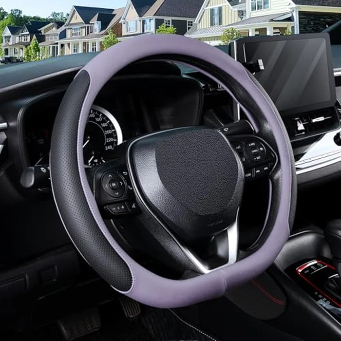 SEG Direct D Shaped Steering Wheel Cover for 14.5-15 inch Flat Bottom Wheels, Breathable Perforated Microfiber Leather, Anti-Slip Grip, Universal Fit for Cars & SUVs, Black and Light Purple by SEG Direct - Used - Like New condition - US$14.32