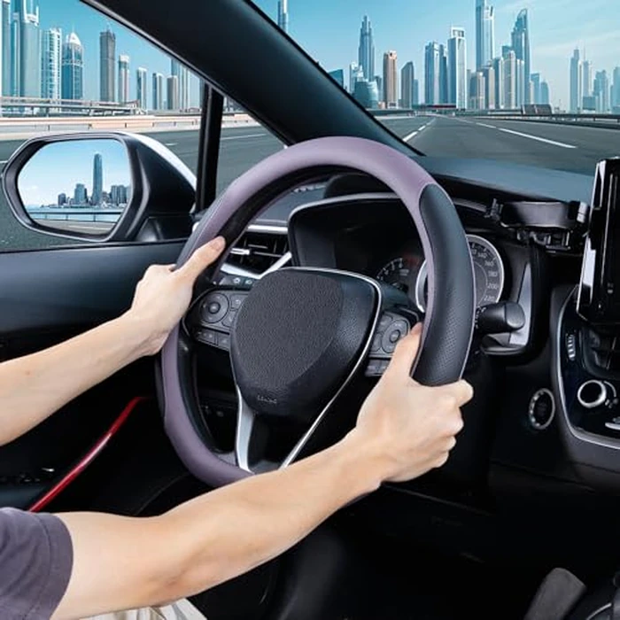 SEG Direct D Shaped Steering Wheel Cover for 14.5-15 inch Flat Bottom Wheels, Breathable Perforated Microfiber Leather, Anti-Slip Grip, Universal Fit for Cars & SUVs, Black and Light Purple by SEG Direct - Image 2