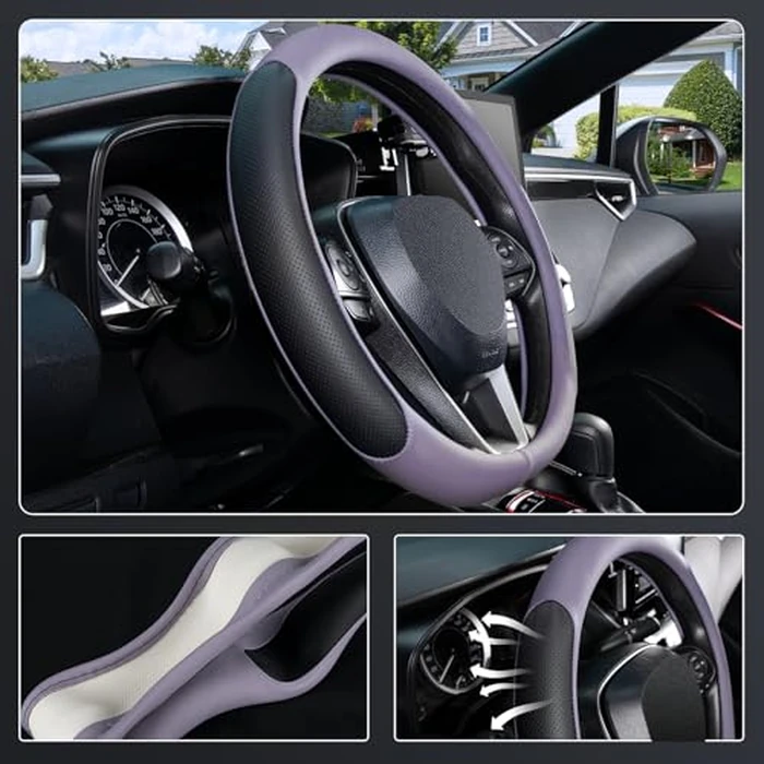 SEG Direct D Shaped Steering Wheel Cover for 14.5-15 inch Flat Bottom Wheels, Breathable Perforated Microfiber Leather, Anti-Slip Grip, Universal Fit for Cars & SUVs, Black and Light Purple by SEG Direct - Image 3