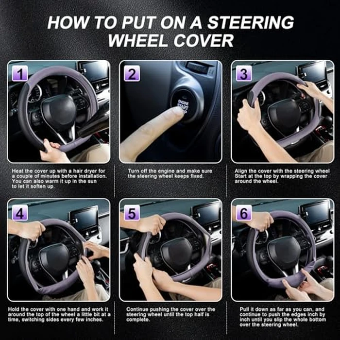 SEG Direct D Shaped Steering Wheel Cover for 14.5-15 inch Flat Bottom Wheels, Breathable Perforated Microfiber Leather, Anti-Slip Grip, Universal Fit for Cars & SUVs, Black and Light Purple by SEG Direct - Image 5