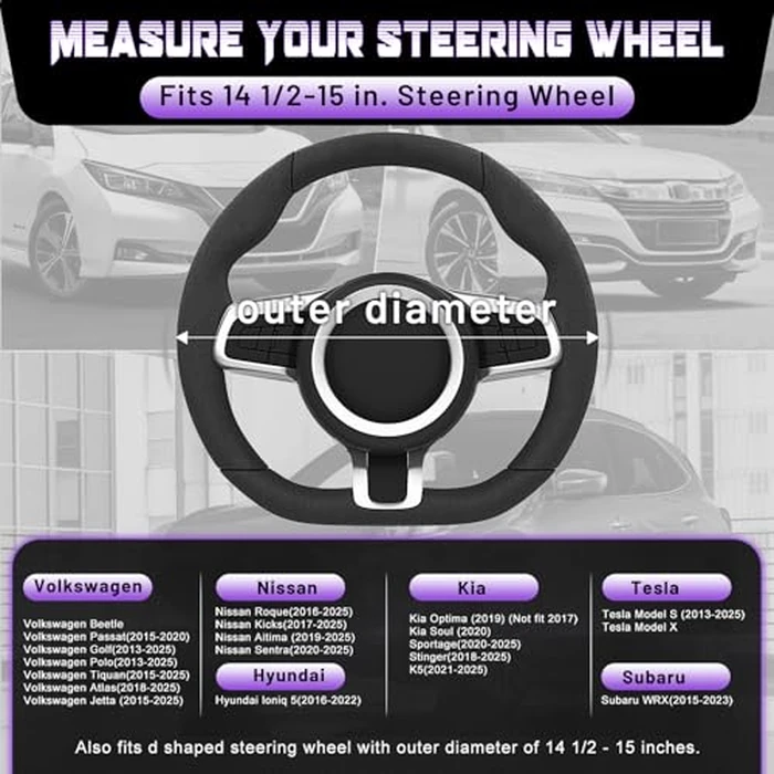 SEG Direct D Shaped Steering Wheel Cover for 14.5-15 inch Flat Bottom Wheels, Breathable Perforated Microfiber Leather, Anti-Slip Grip, Universal Fit for Cars & SUVs, Black and Light Purple by SEG Direct - Image 6