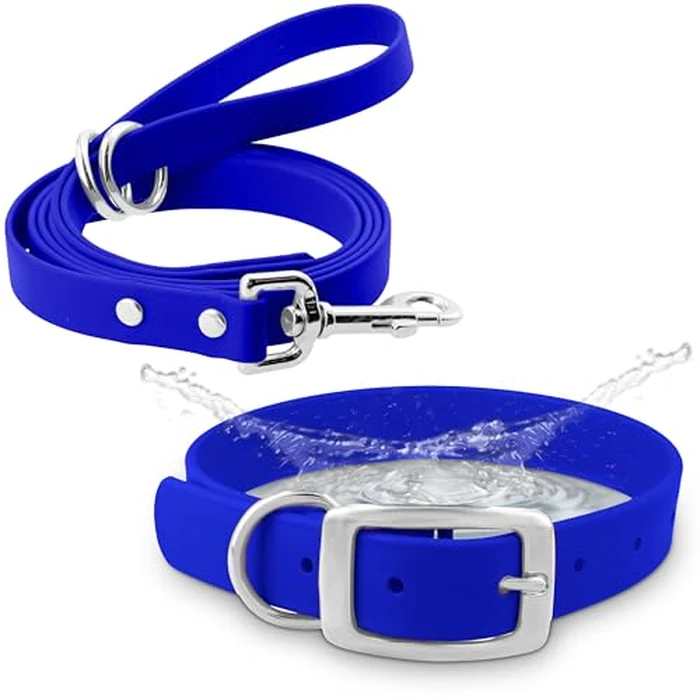 Regal Dog Products Small Blue Waterproof Dog Collar and Leash Set | Heavy Duty Double Buckle & D Ring - 5'ft Leash | Adjustable Biothane Dog Collar | Chew Resistant Waterproof Collar for Dogs by Regal Dog Products - Image 1
