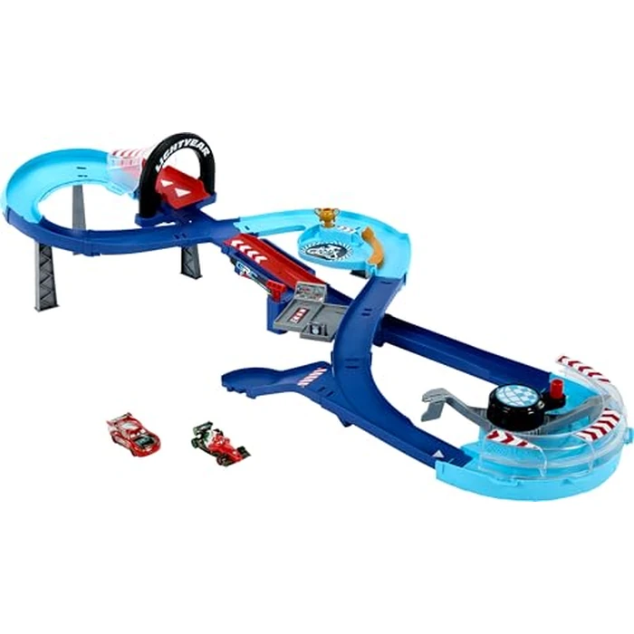 Mattel Disney and Pixar Cars Playset with 2 Toy Cars, Lightning McQueen & Francesco Bernoulli, GRC Jumping Raceway Track Set with Kid-Powered Booster by Mattel - Used - Like New condition - US$32.12