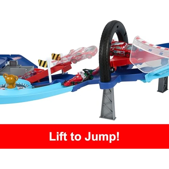 Mattel Disney and Pixar Cars Playset with 2 Toy Cars, Lightning McQueen & Francesco Bernoulli, GRC Jumping Raceway Track Set with Kid-Powered Booster by Mattel - Image 3