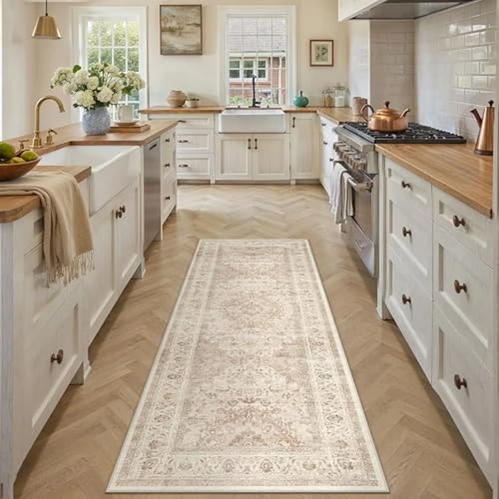 PureCozy 2x6 Washable Vintage Runner Rugs Hallway Beige Soft Neutral Non Slip Thin Carpet Distressed Floral Décor Retro Tapis Salon Low Pile Long Throw Rug for Kitchen Bathroom Indoor Entrance Bedroom by PureCozy - Used - Very Good condition