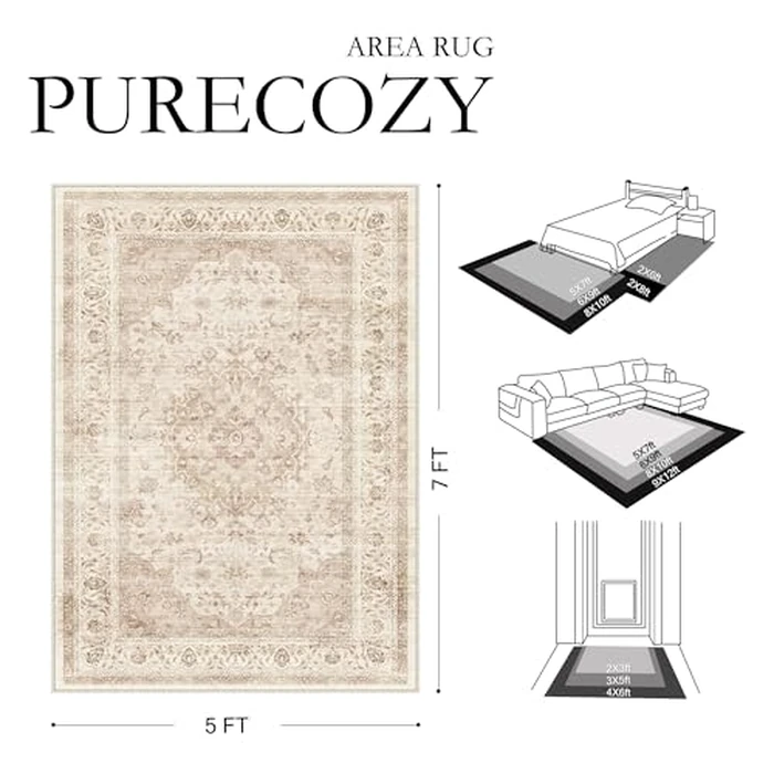 PureCozy 2x6 Washable Vintage Runner Rugs Hallway Beige Soft Neutral Non Slip Thin Carpet Distressed Floral Décor Retro Tapis Salon Low Pile Long Throw Rug for Kitchen Bathroom Indoor Entrance Bedroom by PureCozy - Image 2