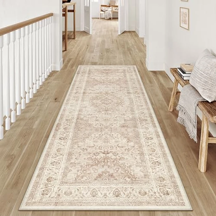 PureCozy 2x6 Washable Vintage Runner Rugs Hallway Beige Soft Neutral Non Slip Thin Carpet Distressed Floral Décor Retro Tapis Salon Low Pile Long Throw Rug for Kitchen Bathroom Indoor Entrance Bedroom by PureCozy - Image 3