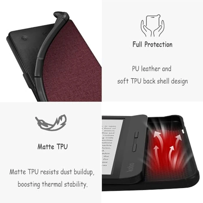 J.M.SHOW Case for 6" Kobo Clara 2E 2022 Released/Clara Colour/Clara BW (2024, Lightweight PU Leather Cover with Hand Strap, Auto Wake/Sleep for Kobo Clara 2E 6inch-Wine red by J.M.SHOW - Image 2