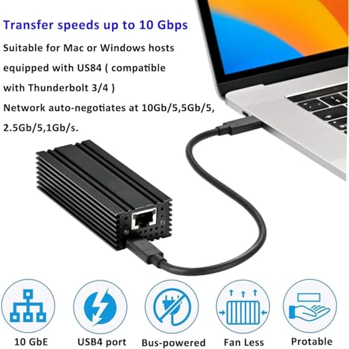 USB 4.0 Type C 10G Ethernet Adapter, for High Speed Network Connections, RJ45 Port Supports 10Gb/s, 5Gb/s, 2.5Gb/s, 1Gb/s and 100Mb/s Base-T by IO Crest - Image 3