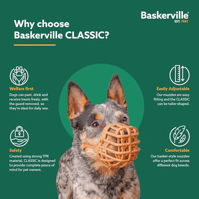 Baskerville Classic Basket Muzzle - Dog can Pant and Drink, Prevents Biting and Food Waste Scavenging, Strong TPR, Ideal for Longer Nosed Dogs, Breathable Dog Training Muzzle for Medium Dogs (Size 4) by Baskerville - Image 8