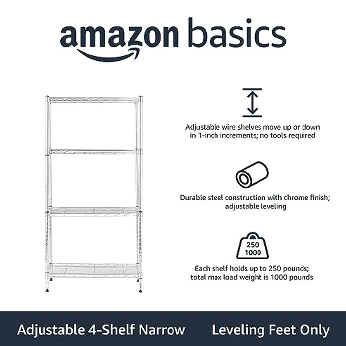 Amazon Basics 4-Shelf Adjustable Steel Storage Unit, 200 lb Capacity per Shelf, 34.04 cm D x 58.93 cm W x 121.92 cm H, Chrome by Amazon Basics - Used - Acceptable condition - CA$33.81