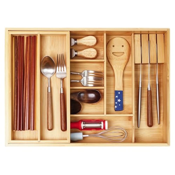 Double Layer Bamboo Kitchen Drawer Organizer Cutlery Utensil Silverware Drawer Organizer, cutlery Silverware Tray for Drawer, deep Utensil Holder Drawer Dividers for Flatware (L: 16.85 x 12.2 in) by COIWAI - Used - Very Good condition - US$30.79