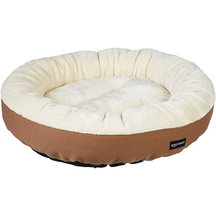 Amazon Basics Round Bolster Pet Bed for Dog or Cat with Flannel Top, 20.0" L x 20.0" W x 8.0" Th, Brown and Ivory by Amazon Basics - Used - Very Good condition - US$15.16