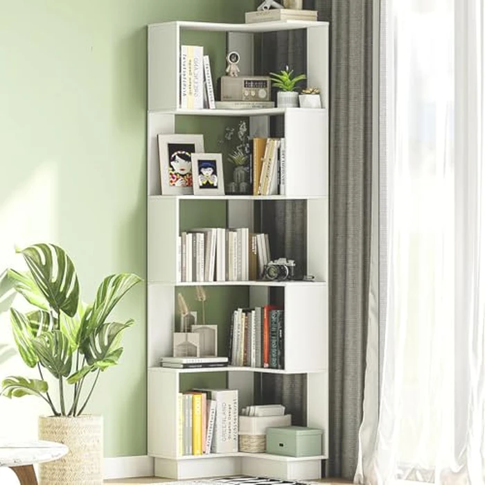 ISXACFF 6 Tier Corner Bookshelf, 68.9" Tall Freestanding Bookcase, Open L-Shaped Bookshelf, Modern Display Rack with Fixture, Storage Organizer for Home Living Room Bedroom Study Office, White by ISXACFF - Used - Very Good condition - CA$96.12