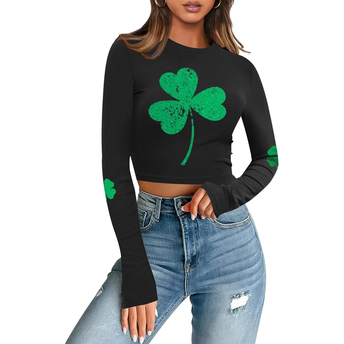 St Patty's Day Clover Long Sleeve Irish Round Neck Crop Top Black Trendy Lucky Shamrock Shirts M by For G and PL - Used - Like New condition