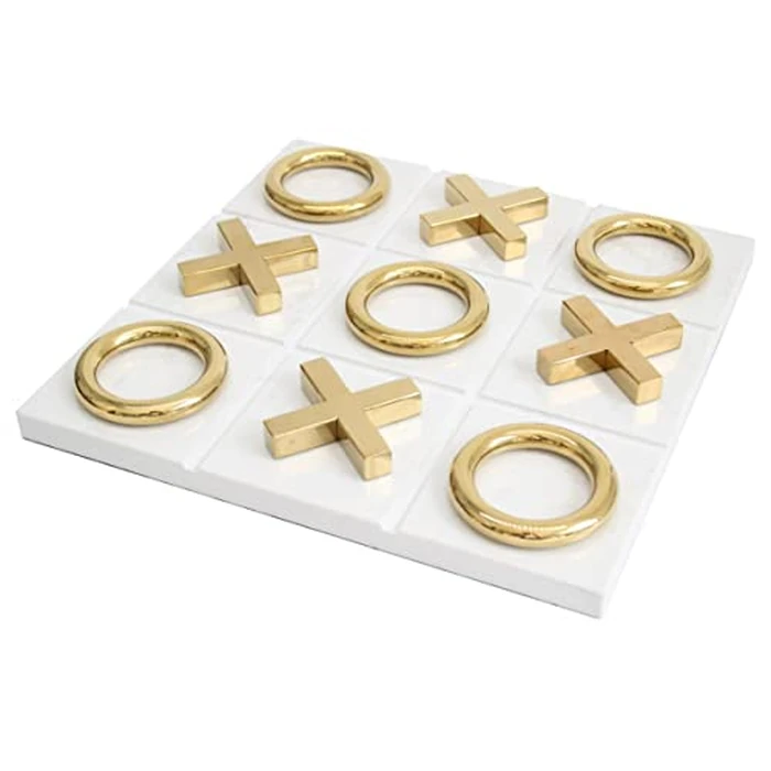 Marble Tic Tac Toe Game for Living Room Decor Centerpiece White and Gold XO with White Marble and Gold Color Stainless Steel Decorative Table Top X/O Board Coffee Table Décor by LuxLand Home - Used - Very Good condition