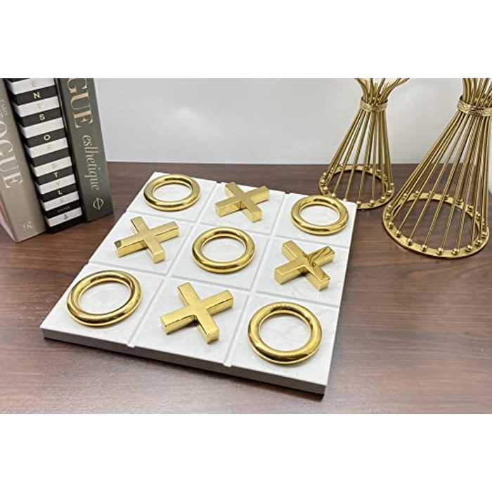 Marble Tic Tac Toe Game for Living Room Decor Centerpiece White and Gold XO with White Marble and Gold Color Stainless Steel Decorative Table Top X/O Board Coffee Table Décor by LuxLand Home - Image 2
