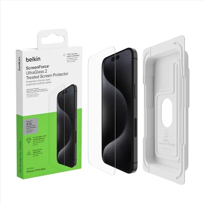 Belkin ScreenForce UltraGlass 2 Treated iPhone 15 Pro Max Screen Protector - Scratch-Resistant, 9H Hardness Tested Glass w/Slim Design - Includes Easy Align Tray for Bubble-Free Application by Belkin - Used - Acceptable condition - CA$16.30