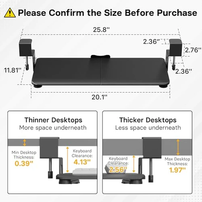 BONTEC Under Desk Keyboard Tray, Pull-Out Keyboard & Mouse Platform with C-Clamp, 20 x 11.8 in Space-Saving Ergonomic Slide-Out Drawer, Black by BONTEC - Image 2