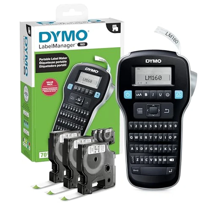 DYMO LabelManager 160 Portable Label Maker Bundle, Easy-to-Use, One-Touch Smart Keys, QWERTY Keyboard, Large Display, For Home & Office Organization, Includes 3 D1 label cassettes by DYMO - Used - Acceptable condition