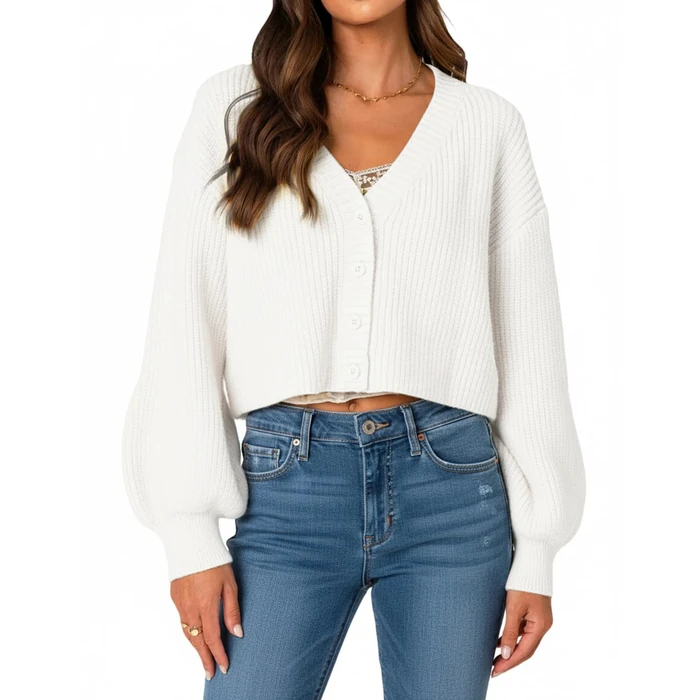 OZICERD Fall Chunky Knit Cropped Cardigan Sweaters for Women Cozy V Neck Button Open Front Light Short Cardigan Oversized White M by OZICERD - Used - Like New condition - US$24.65