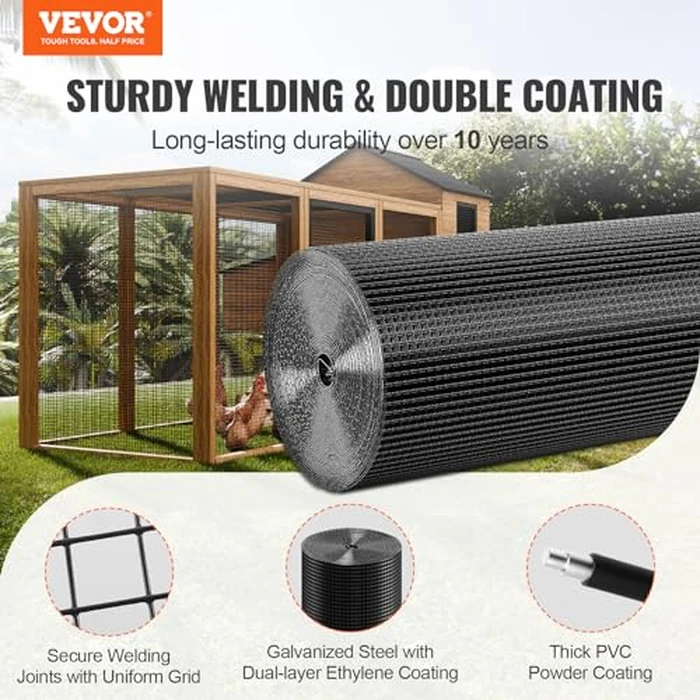 VEVOR Hardware Cloth, 36'' x 50' Galvanized Wire Mesh Roll, 19 Gauge Chicken Wire Fence Roll, Vinyl Coating Metal Wire Mesh for Chicken Coop Barrier, Rabbit Snake Fences, Poultry Enclosures by VEVOR - Image 2
