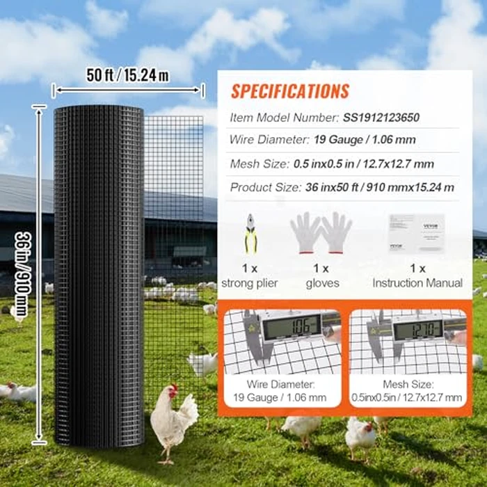 VEVOR Hardware Cloth, 36'' x 50' Galvanized Wire Mesh Roll, 19 Gauge Chicken Wire Fence Roll, Vinyl Coating Metal Wire Mesh for Chicken Coop Barrier, Rabbit Snake Fences, Poultry Enclosures by VEVOR - Image 7