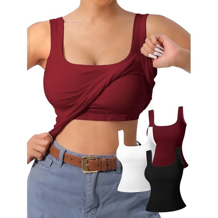 DAGGLOSA Women's U-Back Sports Tank Top 3-Pack - Breathable Wire-Free Tank Tops with Removable Pads for Yoga,Gym & Outdoor Activities (US, Alpha, Small, Regular, Regular, 3, Burgundy/White/Black) by DAGGLOSA - Image 1