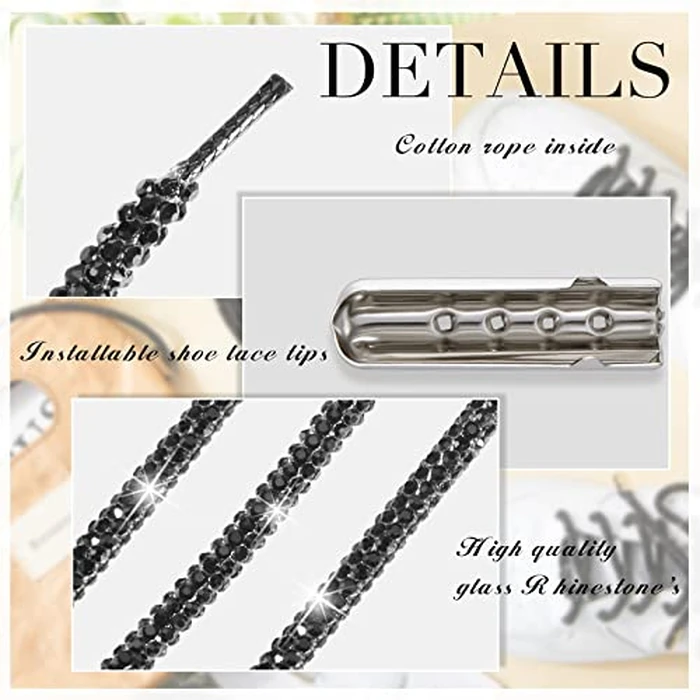 Taiyin 10.9 Yard Rhinestone Shoe Laces for Sneakers Bling Rhinestone Laces Crystal Hoodie String Glitter Cords for Women Men(Black) by Taiyin - Image 3