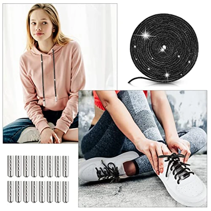 Taiyin 10.9 Yard Rhinestone Shoe Laces for Sneakers Bling Rhinestone Laces Crystal Hoodie String Glitter Cords for Women Men(Black) by Taiyin - Image 5