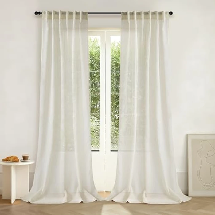 LumiLoom Semi Sheer Curtains 96 Inchs Long - 2 Panels Faux Linen Drapes for Bedroom Living Room, Light Filtering, Privacy Protection, Rod Pocket & Back Tab, Each 52" W x 96" L-Natural by LumiLoom - Used - Good condition - CA$27.96