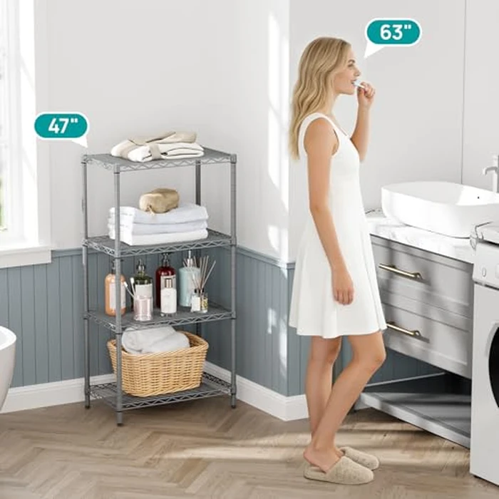SINGAYE 4 Shelves Adjustable Storage Shelf Wire Shelving Rack Bathroom Standing Units Laundry Room Organization for Kitchen Office Bathroom Organizers Metal Pantry 14" D x 24" W x 48" H Gray by SINGAYE - Image 6