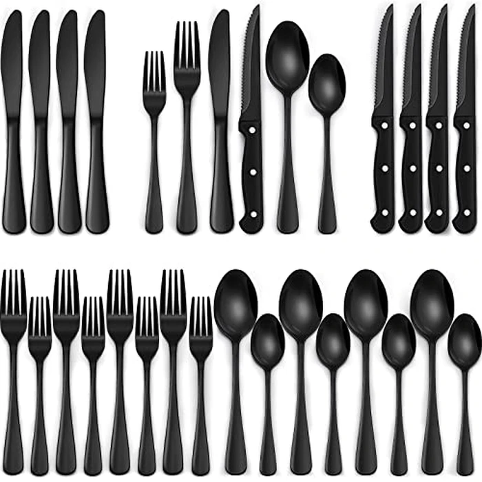 EWFEN 24-Piece Black Silverware Set with Steak Knives, Black Flatware Set for 4, Food-Grade Stainless Steel Tableware Cutlery Set, Mirror Finished Utensil Sets for Home Restaurant, Round Edge by EWFEN - Used - Very Good condition