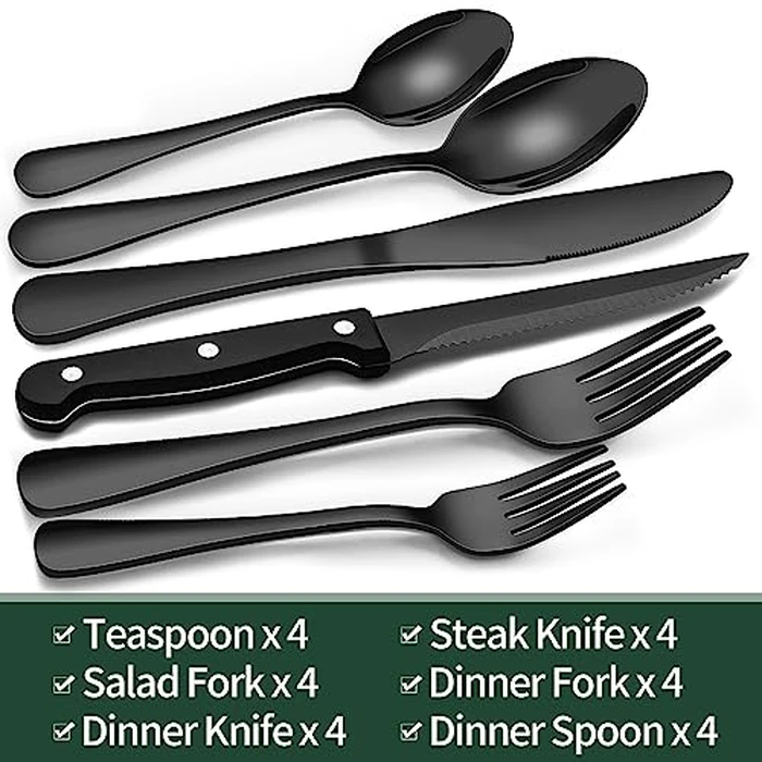 EWFEN 24-Piece Black Silverware Set with Steak Knives, Black Flatware Set for 4, Food-Grade Stainless Steel Tableware Cutlery Set, Mirror Finished Utensil Sets for Home Restaurant, Round Edge by EWFEN - Image 2