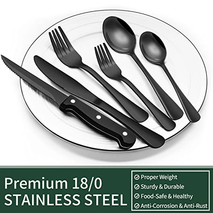 EWFEN 24-Piece Black Silverware Set with Steak Knives, Black Flatware Set for 4, Food-Grade Stainless Steel Tableware Cutlery Set, Mirror Finished Utensil Sets for Home Restaurant, Round Edge by EWFEN - Image 5