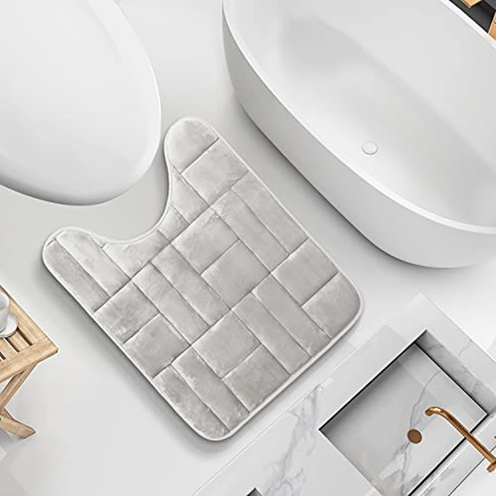 Clara Clark Bathroom Contour Rug, Ultra Soft Non Slip and Cozy, Velvet Memory Foam Toilet U-Shaped Bath Mat, 20 x 24, Tiled - Silver by Clara Clark - Image 3