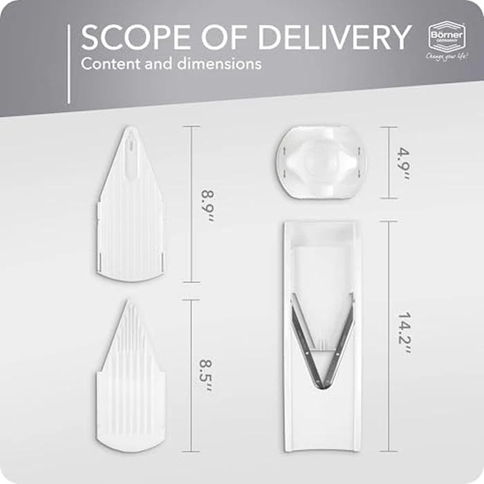Börner by Reston Lloyd Mandoline Slicer V1 (Basic Set) • V-Slicer with 3 Thickness Settings & Food Holder • Adjustable Kitchen Slicer for Vegetables & Fruits • Color: White by Börner - Image 3