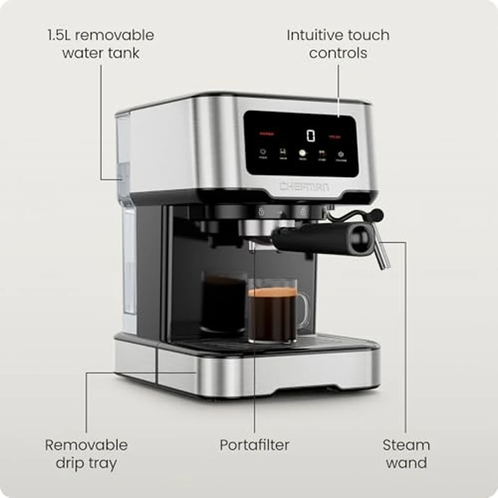 Chefman CraftBrew Espresso Machine, 15-Bar Pump Digital Espresso Maker w/Steam Wand for Latte & Cappuccino, Compact Espresso Coffee Machine w/ 1.5L Removable Water Reservoir - Stainless Steel by Chefman - Image 6