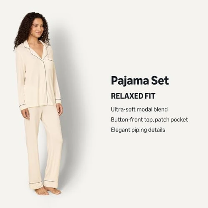 Amazon Essentials x Sofia Grainge Women's Stretch Modal Long-Sleeve and Full-Length Bottom Pajama Set, Ivory, X-Small by Amazon Essentials - Image 3