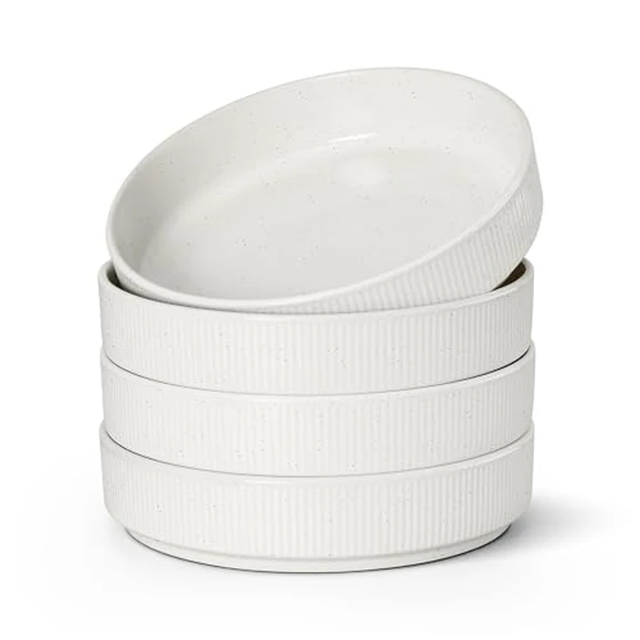 E-far Pasta Bowls Set of 4, 35oz Large Salad Bowl Plate for Dinner Serving Soup, Wide & Shallow Ceramic Stoneware Pasta Plates, Microwave & Dishwasher Safe, Textured Stripes & Speckled White, 8” by E-far - Image 1