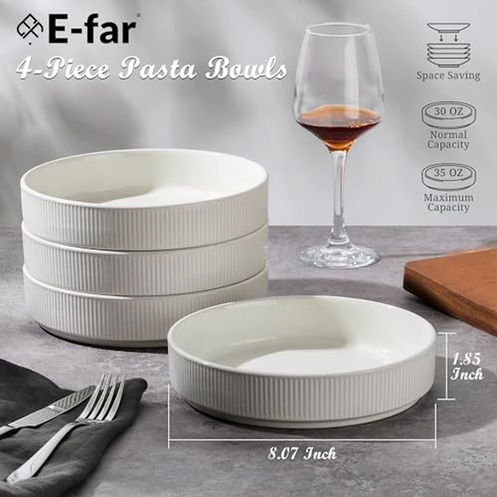 E-far Pasta Bowls Set of 4, 35oz Large Salad Bowl Plate for Dinner Serving Soup, Wide & Shallow Ceramic Stoneware Pasta Plates, Microwave & Dishwasher Safe, Textured Stripes & Speckled White, 8” by E-far - Image 2