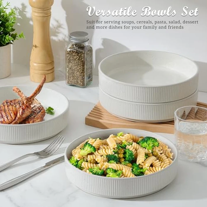 E-far Pasta Bowls Set of 4, 35oz Large Salad Bowl Plate for Dinner Serving Soup, Wide & Shallow Ceramic Stoneware Pasta Plates, Microwave & Dishwasher Safe, Textured Stripes & Speckled White, 8” by E-far - Image 4