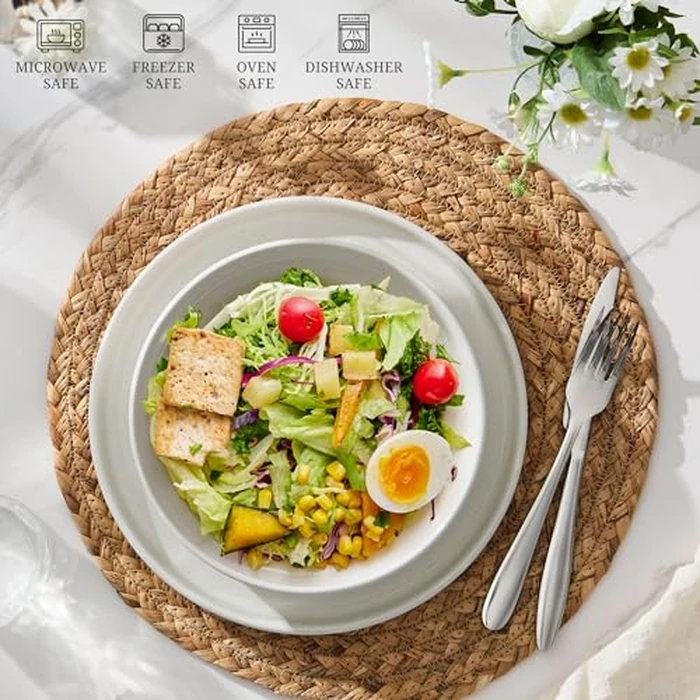 E-far Pasta Bowls Set of 4, 35oz Large Salad Bowl Plate for Dinner Serving Soup, Wide & Shallow Ceramic Stoneware Pasta Plates, Microwave & Dishwasher Safe, Textured Stripes & Speckled White, 8” by E-far - Image 7