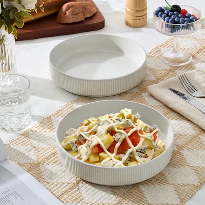 E-far Pasta Bowls Set of 4, 35oz Large Salad Bowl Plate for Dinner Serving Soup, Wide & Shallow Ceramic Stoneware Pasta Plates, Microwave & Dishwasher Safe, Textured Stripes & Speckled White, 8” by E-far - Image 9